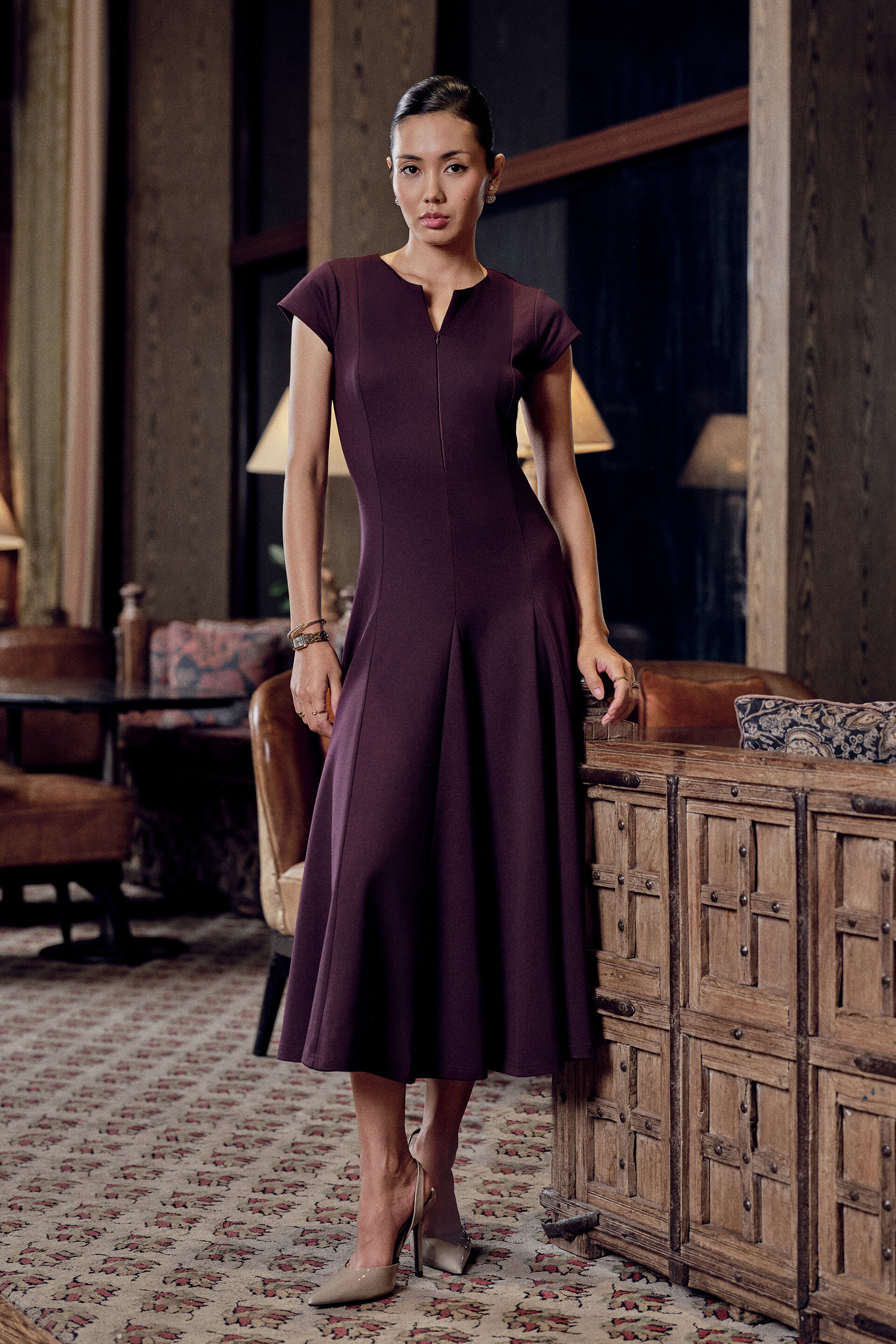 Godet Midi Dress in Plum